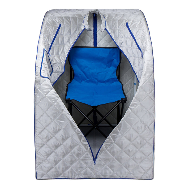 Durasage Health Lightweight Portable Personal Steam Sauna Spa for Relaxation at Home, 60 Minute Timer, 800 Watt Steam Generator, Chair Included - Blue Trim DSS-M-12
