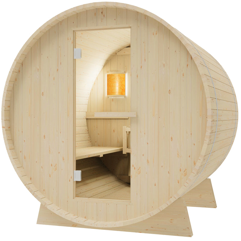 Durasage Health 4-Person Outdoor Barrel Traditional Steam Sauna with Shingled Roof, Glass Door and 6kW Wet or Dry Harvia Heater and Lava Rocks DWS-BARREL