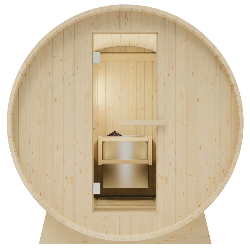 Durasage Health 4-Person Outdoor Barrel Traditional Steam Sauna with Shingled Roof, Glass Door and 6kW Wet or Dry Harvia Heater and Lava Rocks DWS-BARREL