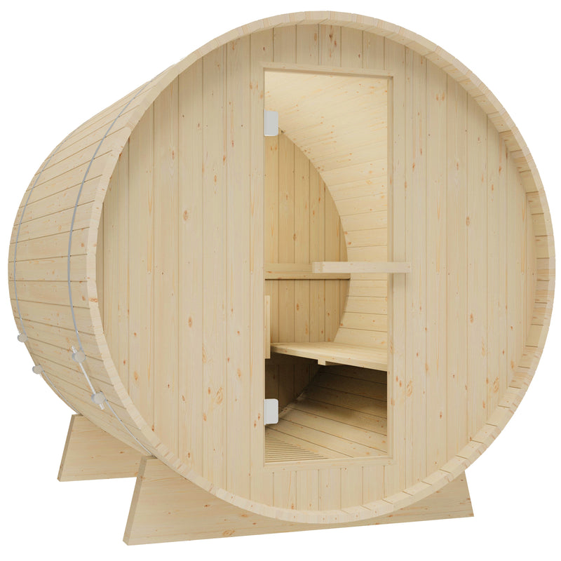 Durasage Health 4-Person Outdoor Barrel Traditional Steam Sauna with Shingled Roof, Glass Door and 6kW Wet or Dry Harvia Heater and Lava Rocks DWS-BARREL