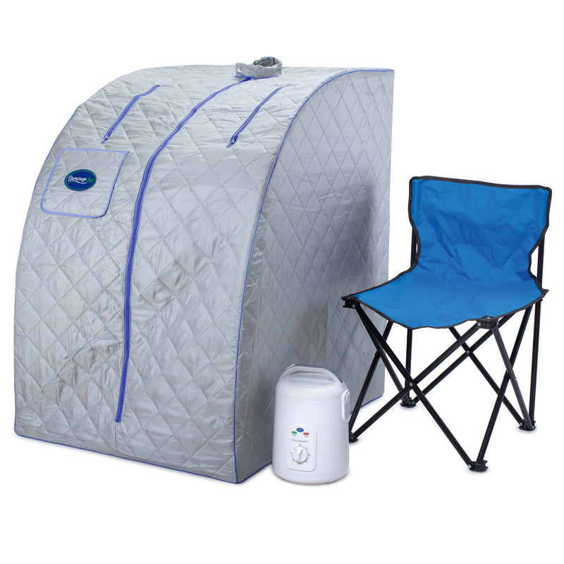 Durasage Health Lightweight Portable Personal Steam Sauna Spa for Relaxation at Home, 60 Minute Timer, 800 Watt Steam Generator, Chair Included - Blue Trim DSS-M-12