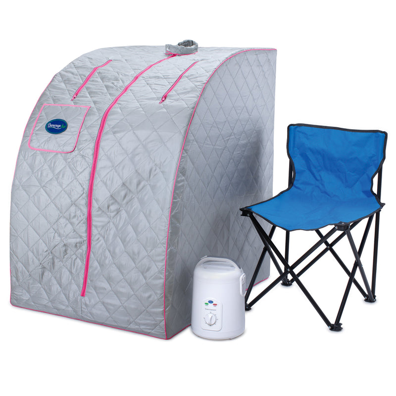 Durasage Health Lightweight Portable Personal Steam Sauna Spa for Relaxation at Home, 60 Minute Timer, 800 Watt Steam Generator, Chair Included - Pink Trim DSS-M-13