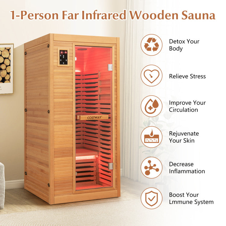Costway Far Infrared Wooden Sauna Room with Bluetooth Speakers and Oxygen Ionizer for 1-2 person JV11410